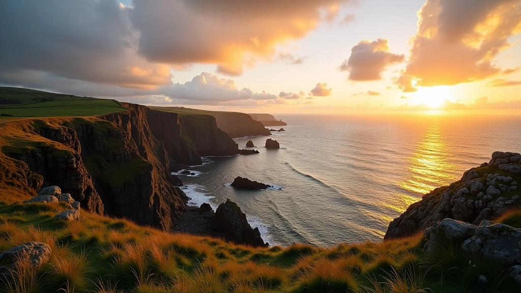 Golden hour sunset over rugged Atlantic coastline and rocky shores