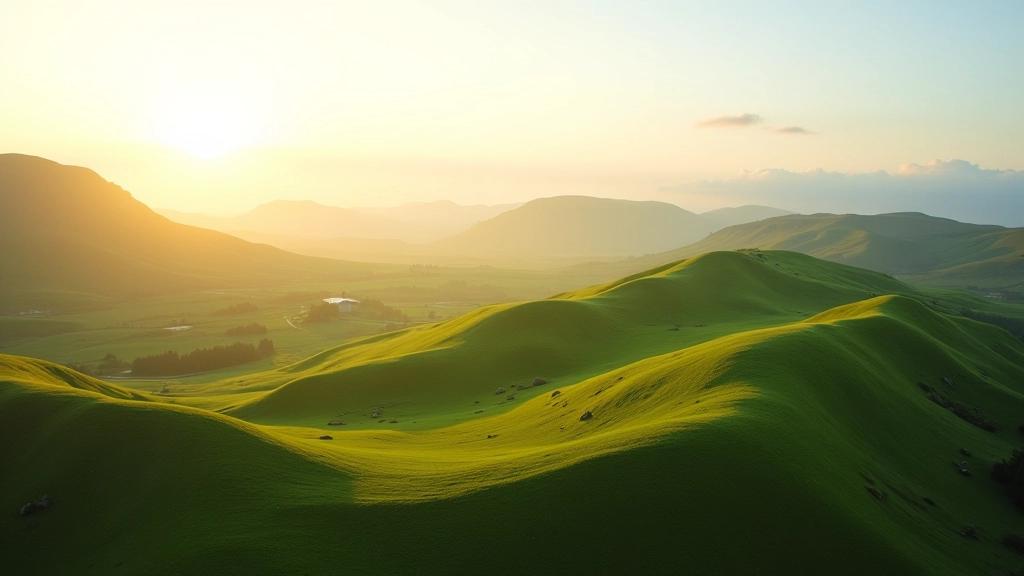 Serene Irish landscape with rolling green hills and misty mountains